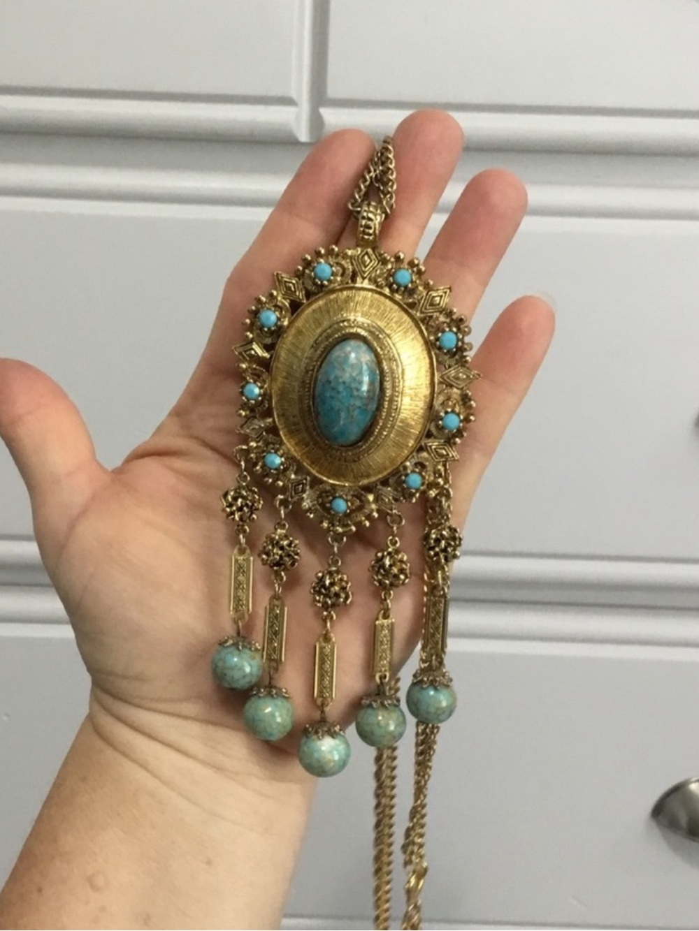 Vintage Etruscan Victorian Revival Glass Cabochon Double Strand Necklace